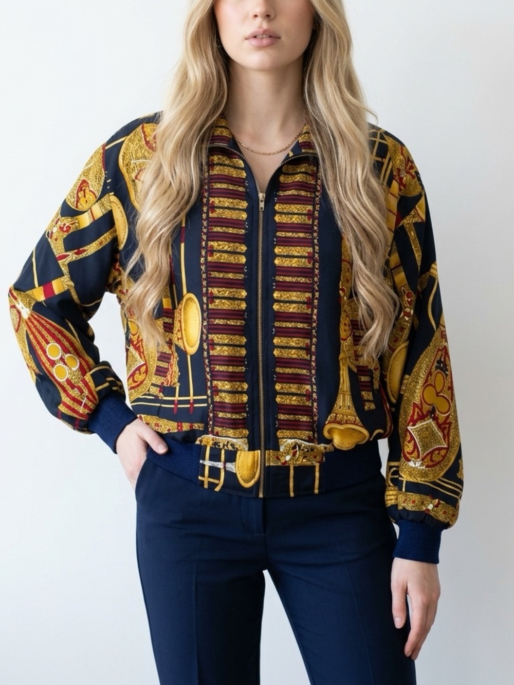 Vintage Retro 80s Metro High Fashion Baroque Musical Instrument Bomber Jacket